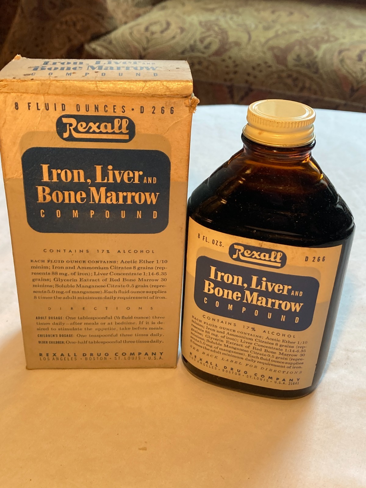 c1950s Rexall Iron, Liver and Bone Marrow Compound Rexall Drug Company Bottle