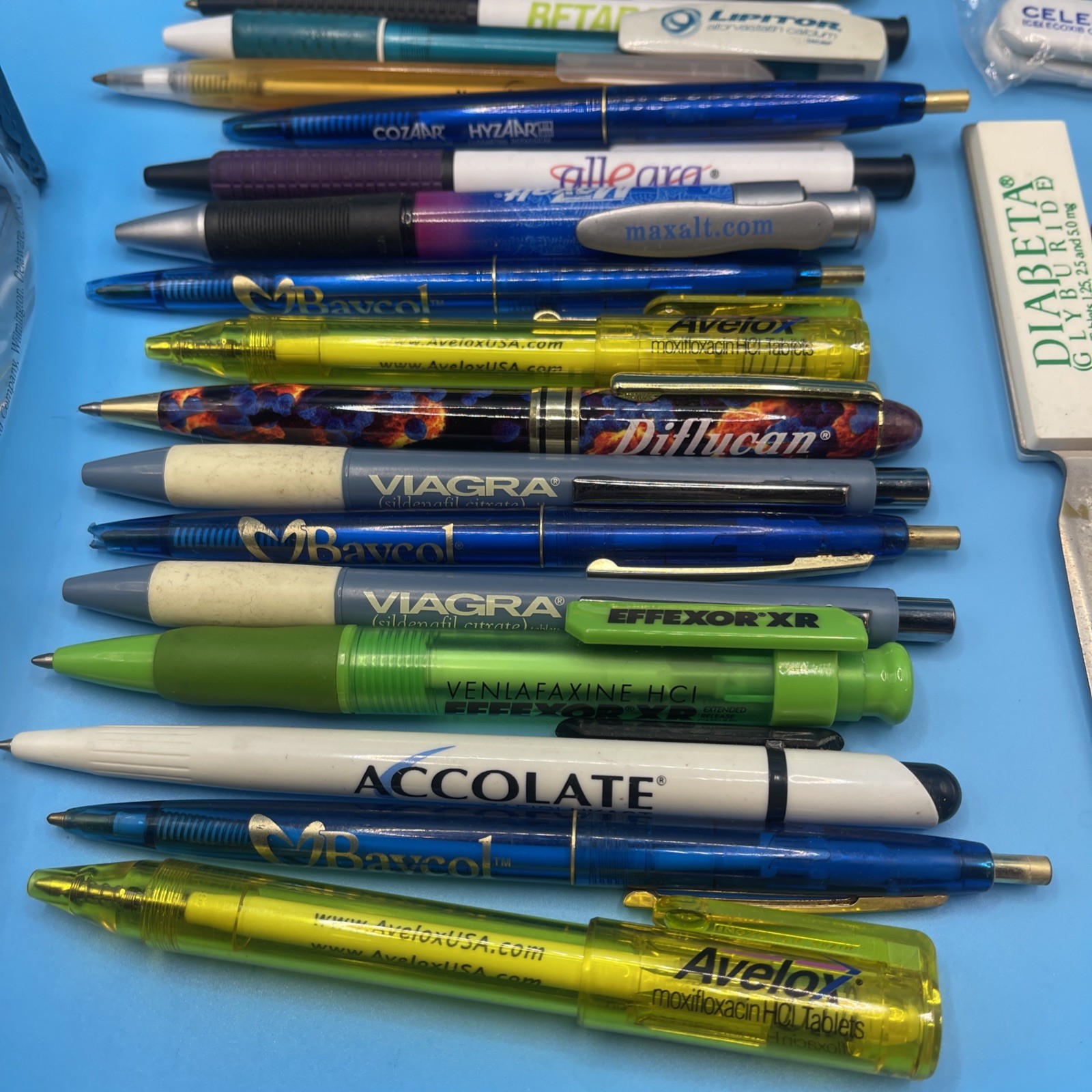 Lot 23 Pharmaceutical Drug Rep Pens, Bag, Calc, Tylenol Viagra Diflucan Etc