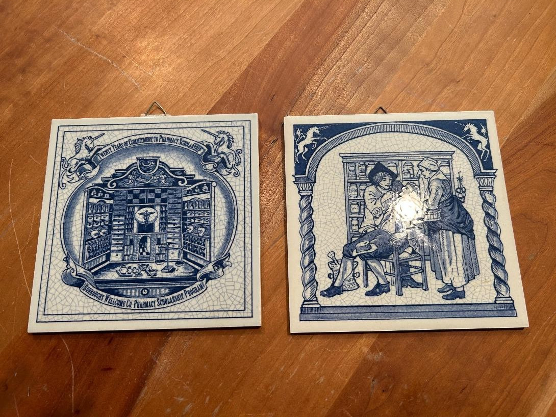 2pc Vintage Delft Holland Pharmacy Tiles Burroughs Wellcome Apothecary Pill Lot