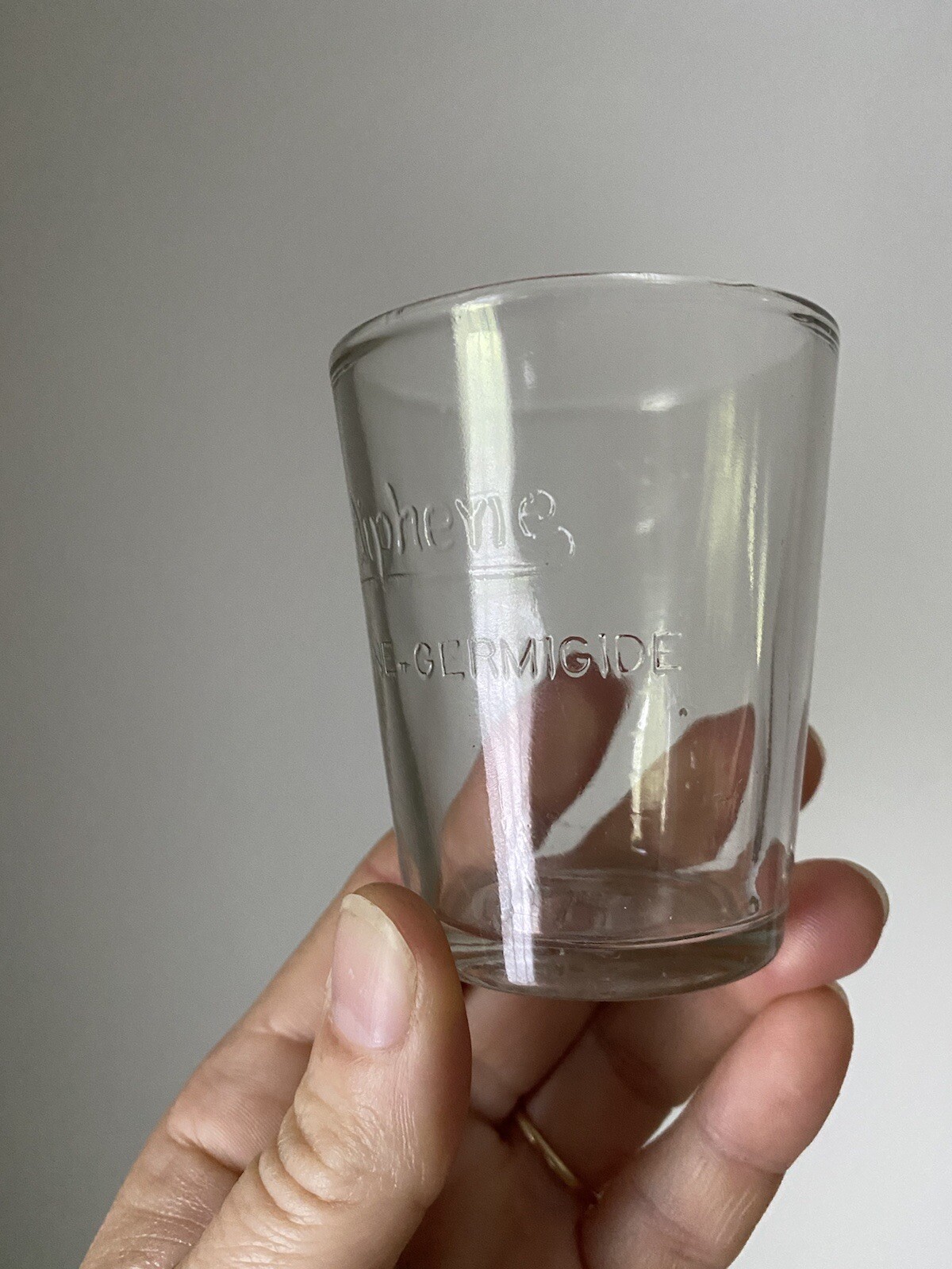 Hazel Atlas Sodiphene Vintage Clear Glass Dose Cup Advertising Germicide 2 3/4”
