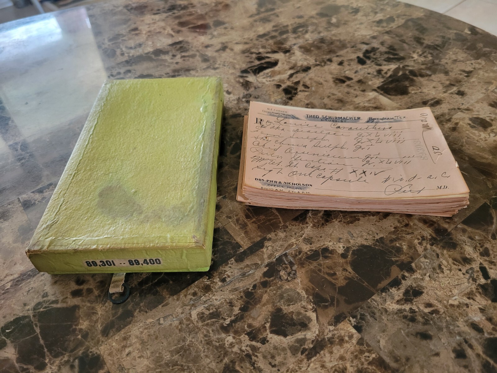 File box & 70 antique prescriptions (1910) – Codeine, Poisons, Equine