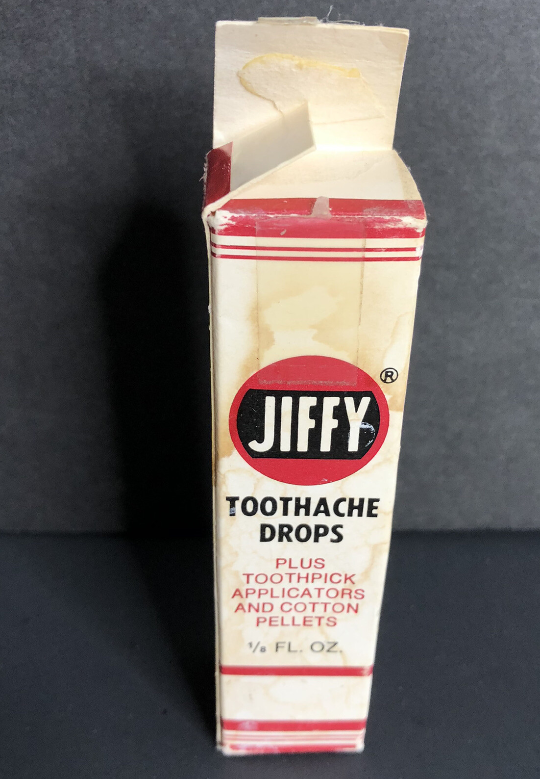 Vintage Jiffy Toothache Drops Medicine Bottle with Box and Cotton Pellets EMPTY
