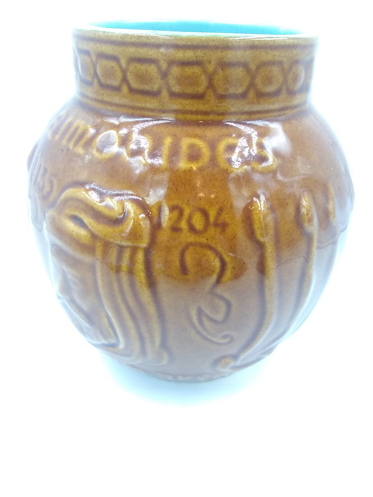 Vintage Schering Pharmacy RX jar crock Brown turquoise Mortar Vase Pottery 5″