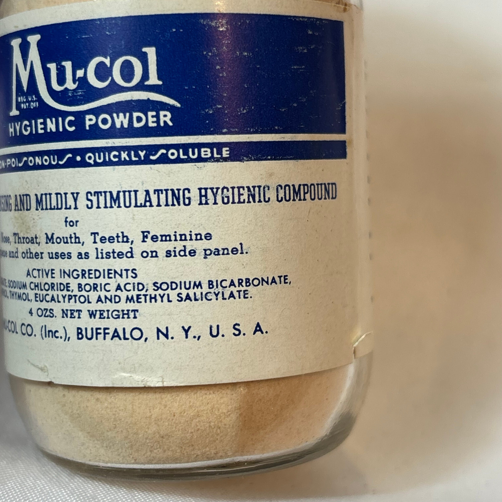Vtg Mu-Col Hygenic Powder 4 Oz. Clear Glass Jar In Box Cleansing Compound