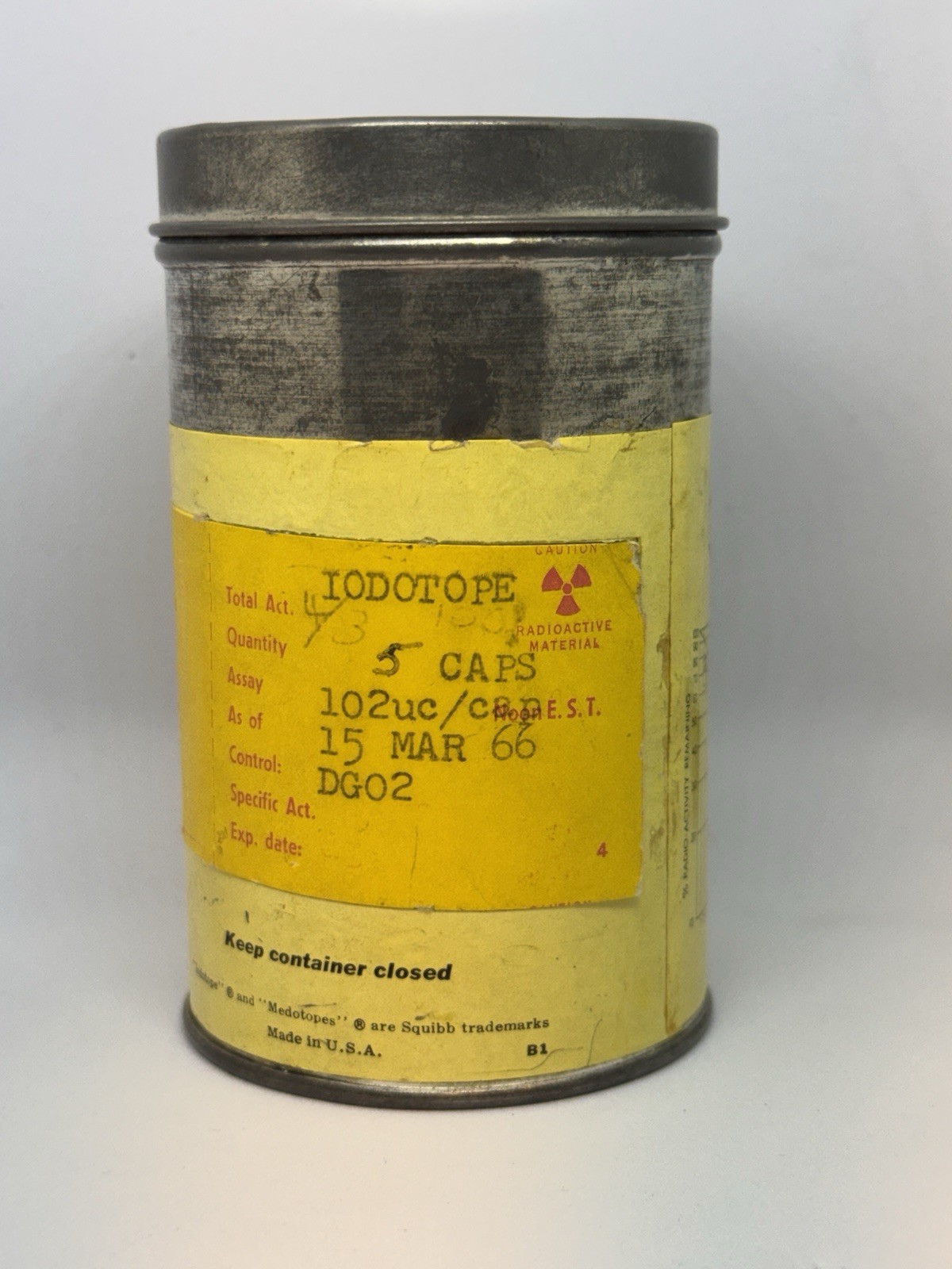 Vintage 1966 Squibb Iodotope Sodium Radio-Iodide (I131) Metal Tin Medical