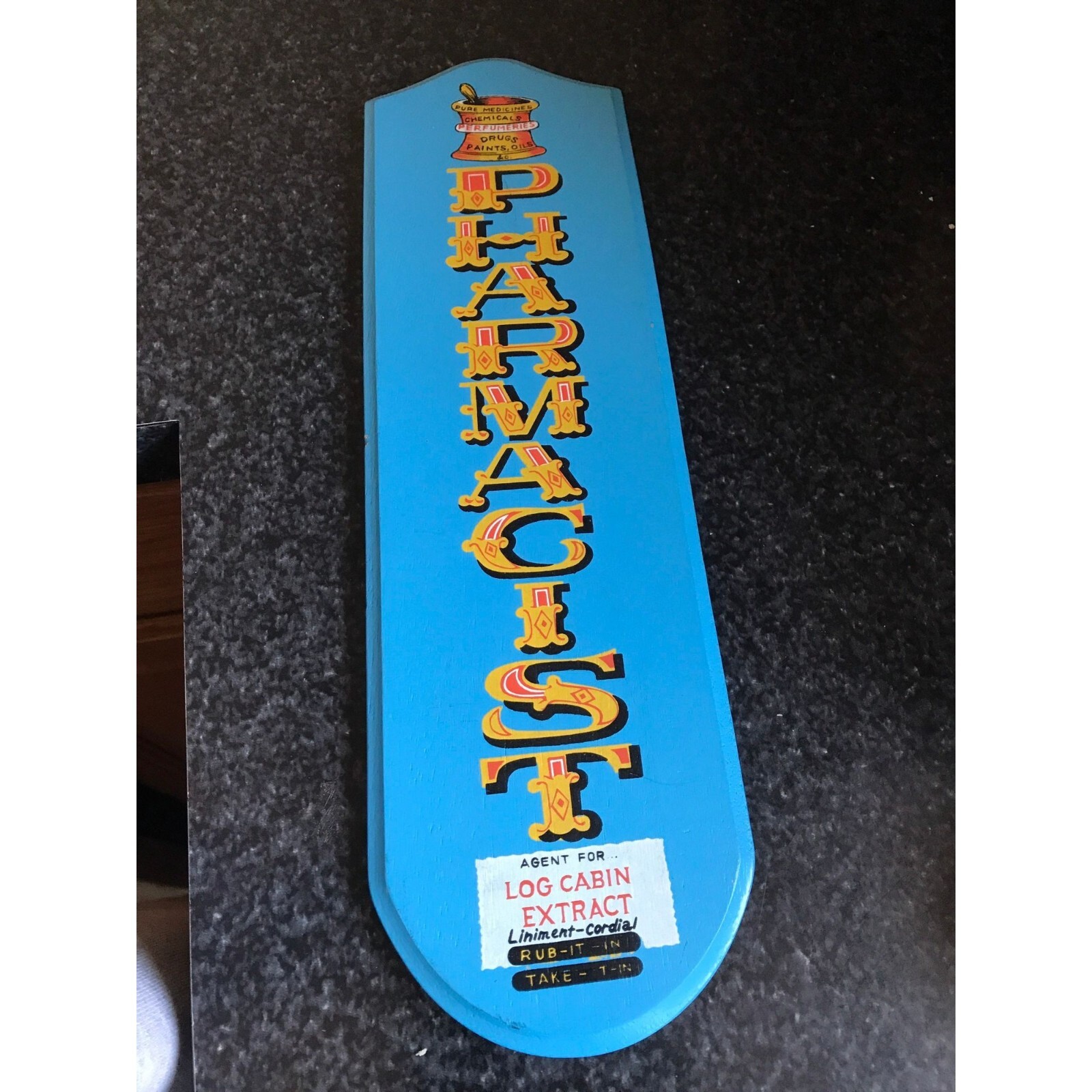 Vtg 1970 PHARMACIST Blue Wood Sign Plaque Viking Handmade Japan Original Label