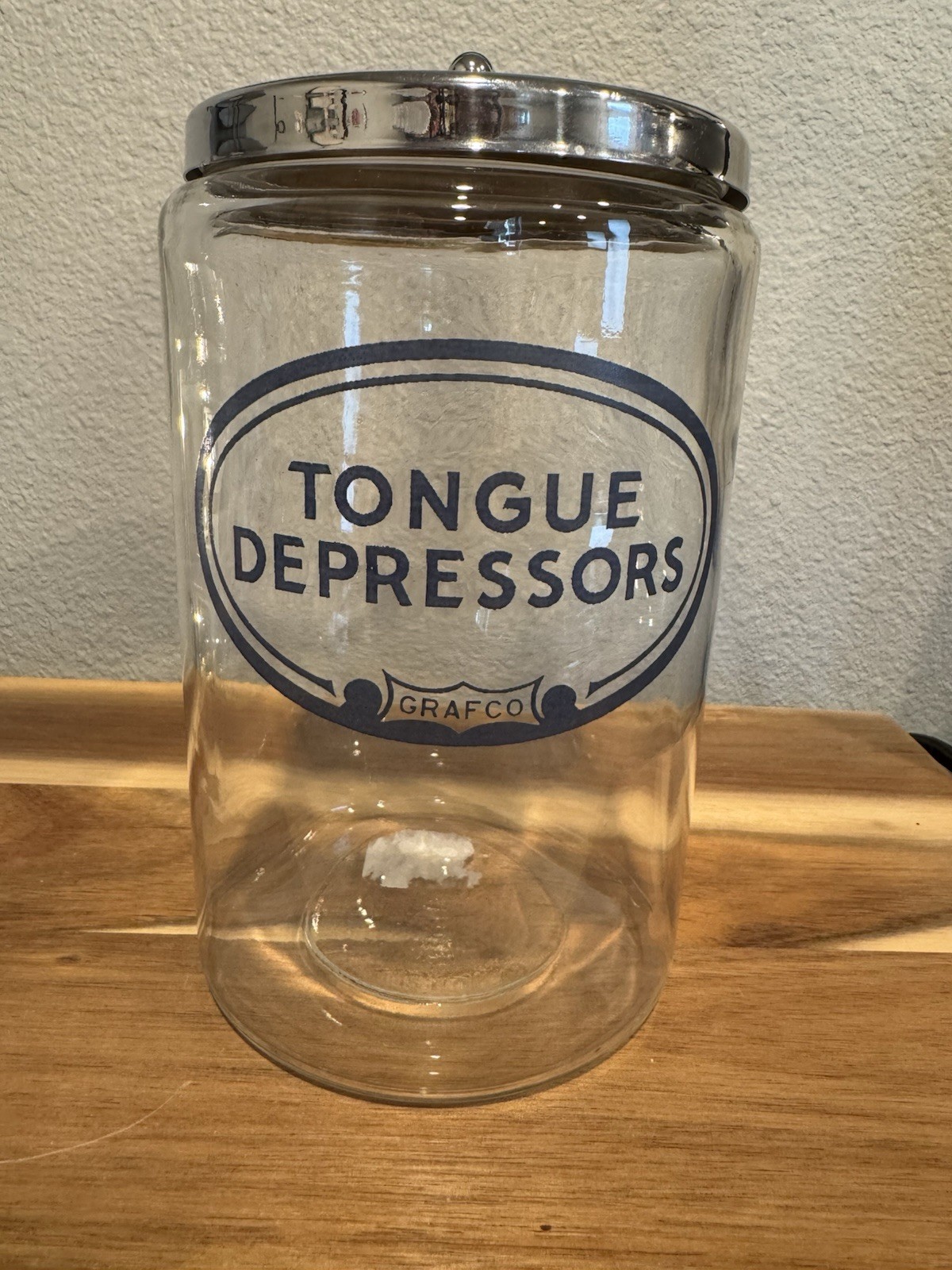 Grafco Medical Apothecary Glass Jar Stainless Lid Blue Letters Tongue Depressors