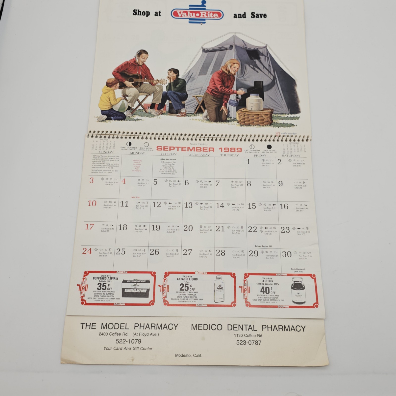 VTG 1989 Valu•Rite Calendar MODESTO, CA The Model Pharmacy Medico Dental COUPONS
