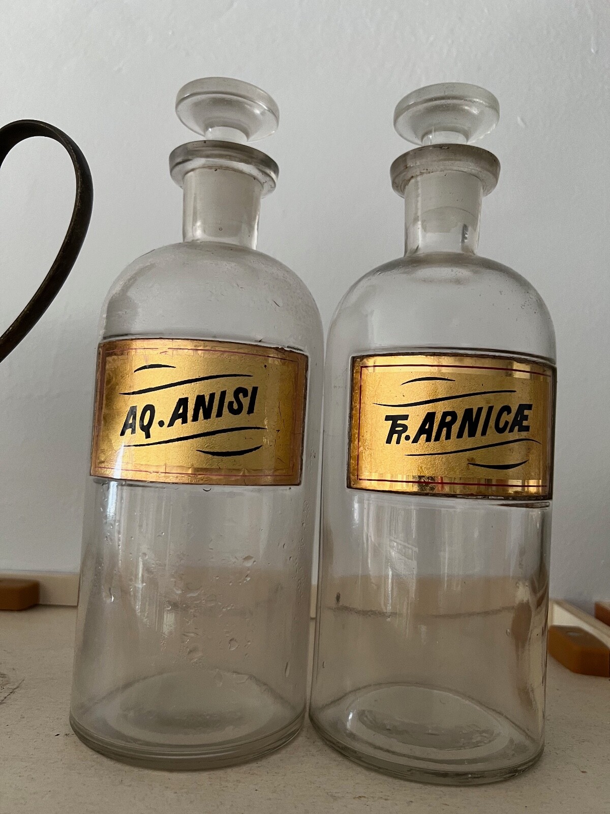 2 Vintage Pharmacy Apothecary Glass Bottles / Gold Labels
