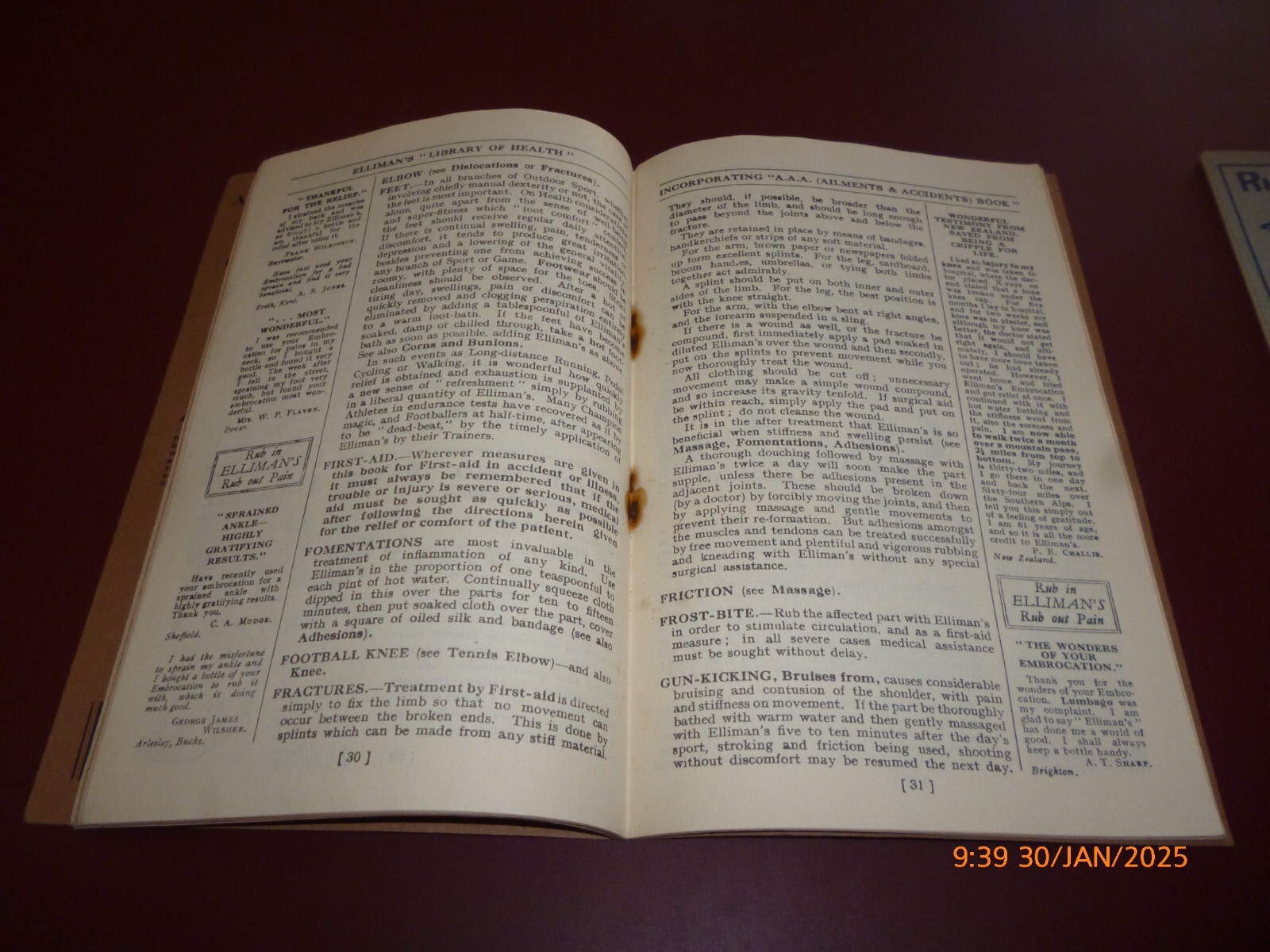 ELLIMAN’S EMBROCATION x 2 VINTAGE BOOKLETS LIBRARY OF HEALTH, AILMENTS ACCIDENTS