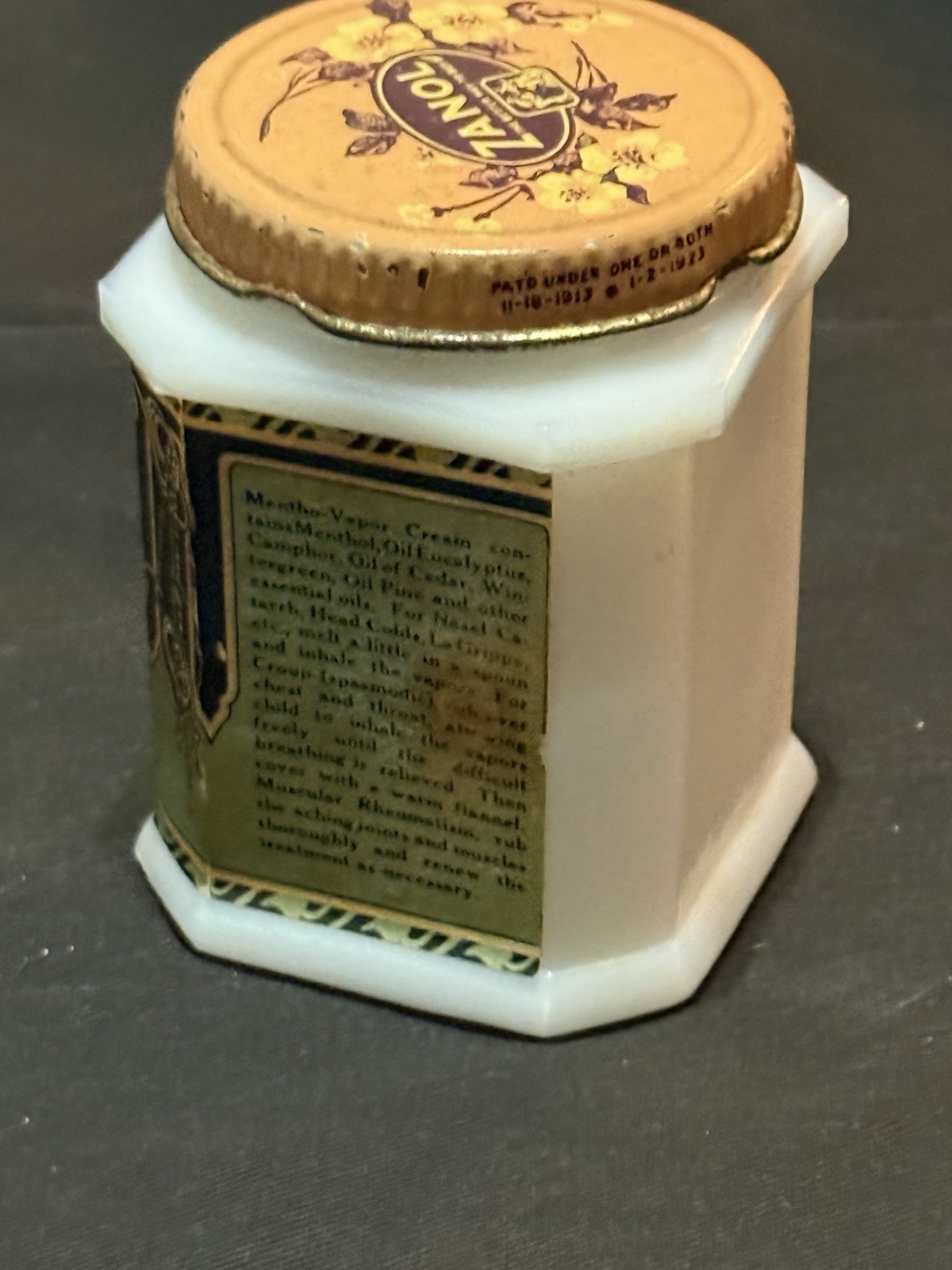 vintage Zanol Mentho Vapor Cream jar Milk Glass Good Condition 3” Tall With Lid