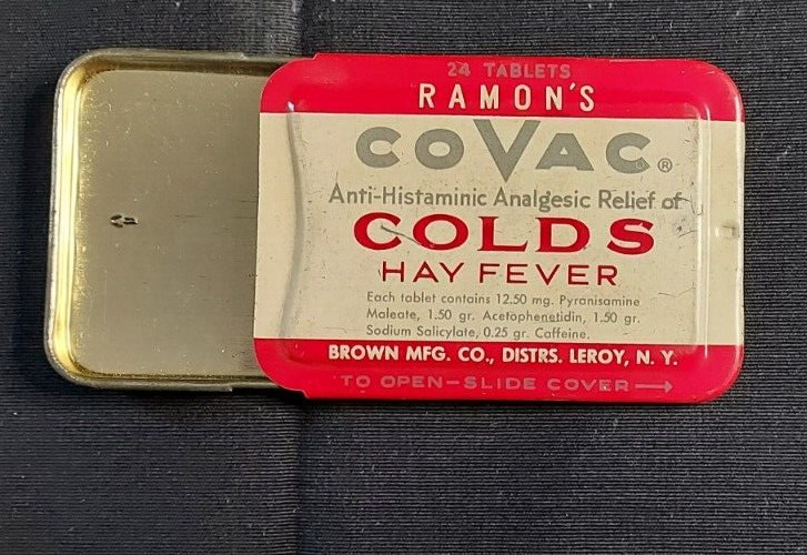 Old Empty Advertising Medicine Tin Ramon’s COVAC Colds Hay Fever Brown Mfg Leroy
