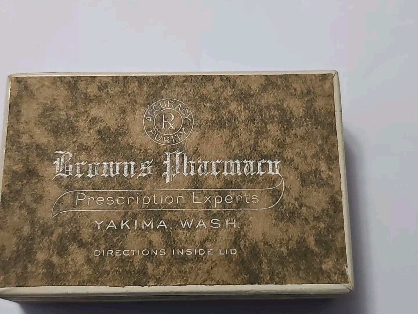 Vintage 1937 Cardboard Paper Pharmacy Prescription Drug Pill Box Browns Yakima