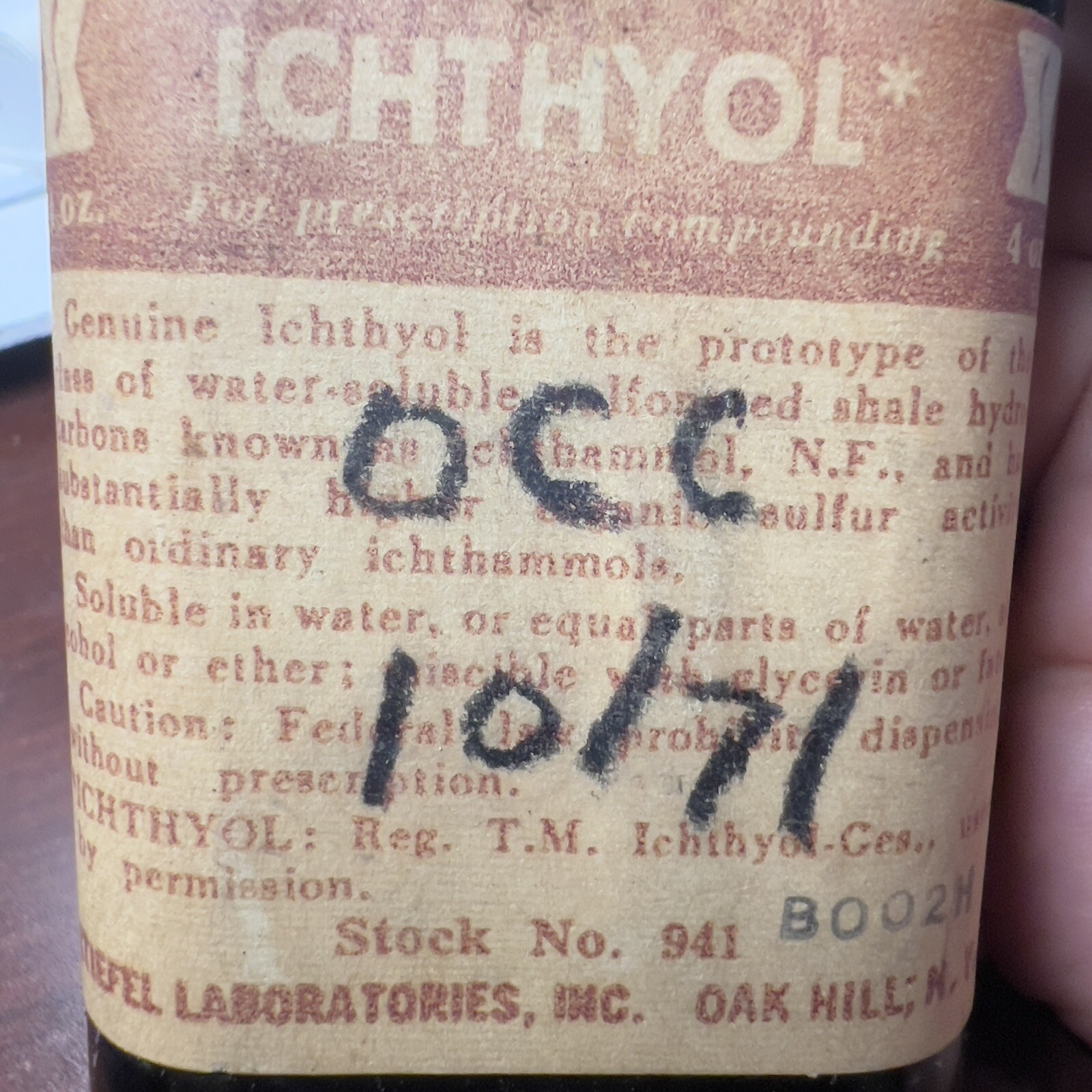 Vintage Stiefel Ichthyol Ichthammol Bottle 4oz 1930’s for Collection/Display