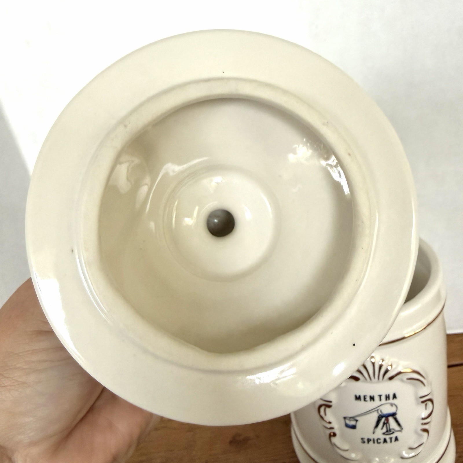 Vintage Ceramic Apothecary Jar Mentha Spicata (Spearmint) 9” Tall With Lid
