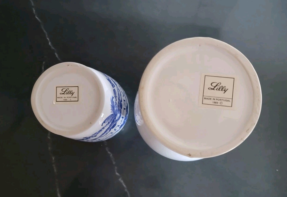 2 Vintage Lilly Pharmaceuticals-Apothecary Jar 1989 Blue/White Pottery Portugal