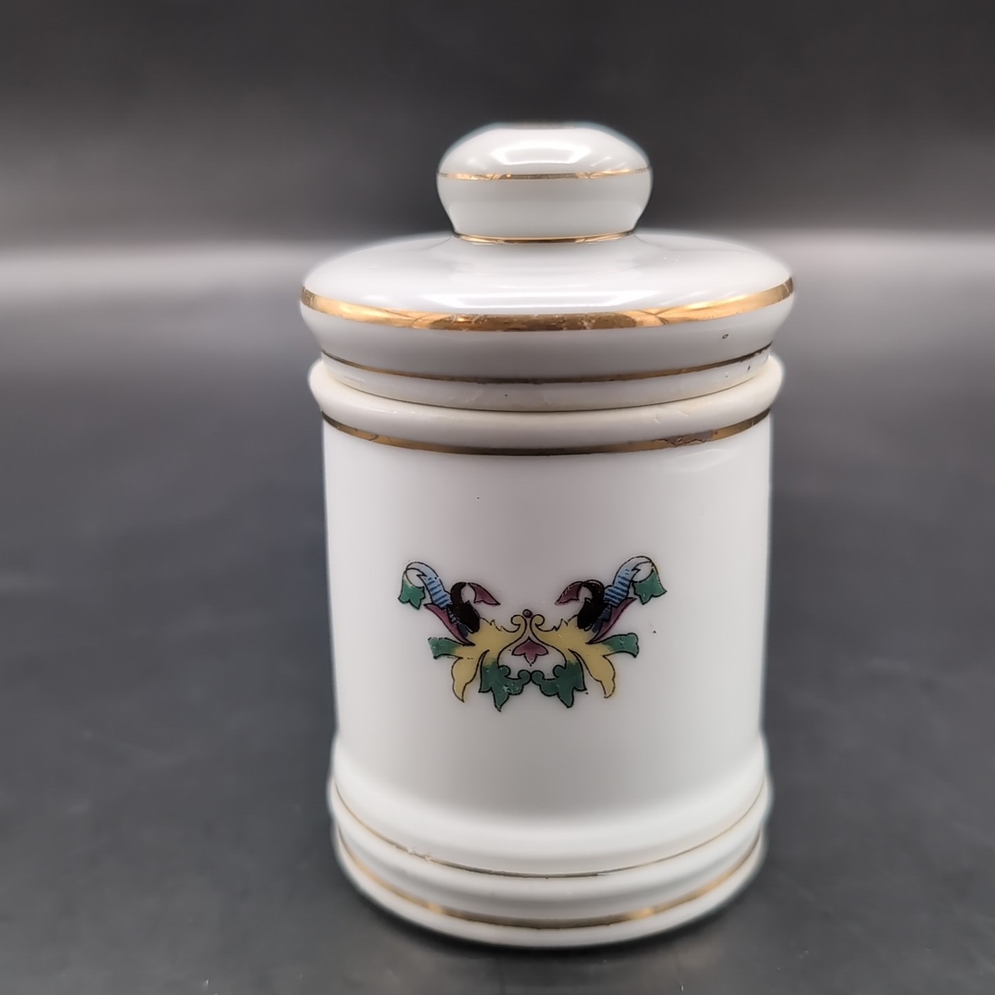 VTG Porcelain Apothecary Jar Vitamin Gold Trim DOM
