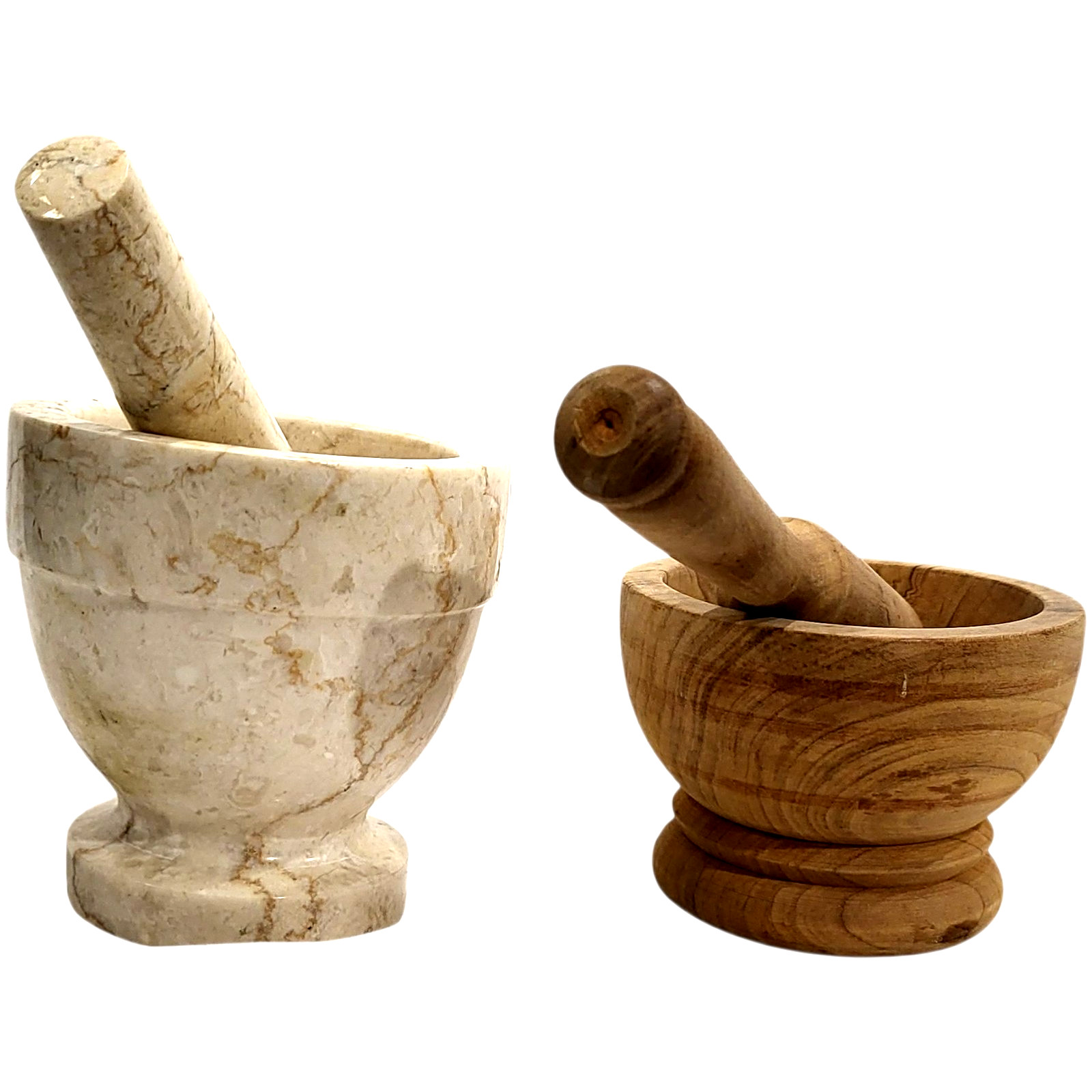 LOT of 2 Vintage 1960s 70s Mortar and Pestle * Italian MARBLE * WOOD 4″ x 4″