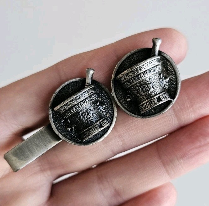 Vintage Pharmacist Tie Bar & Single Cufflink Set RX Apothecary Mortar Pestle