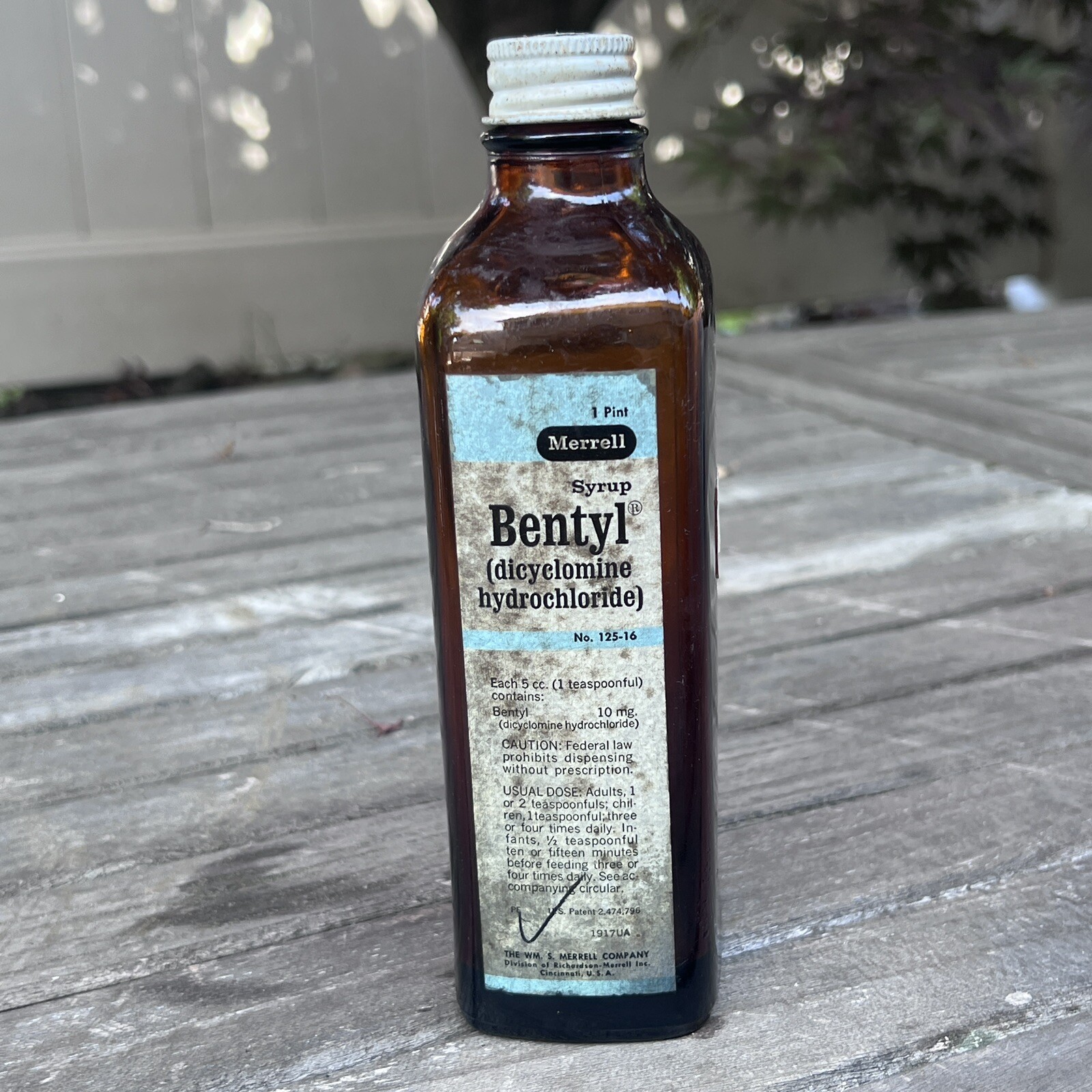 Vintage Bentyl Phenobarbital Merrel EMPTY Amber Pharmacy Bottle 125-16 1950′