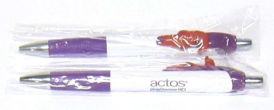 Drug Rep ACTOS Collectible Pens x 2 with “MUSCLE” Character on Clip RARE