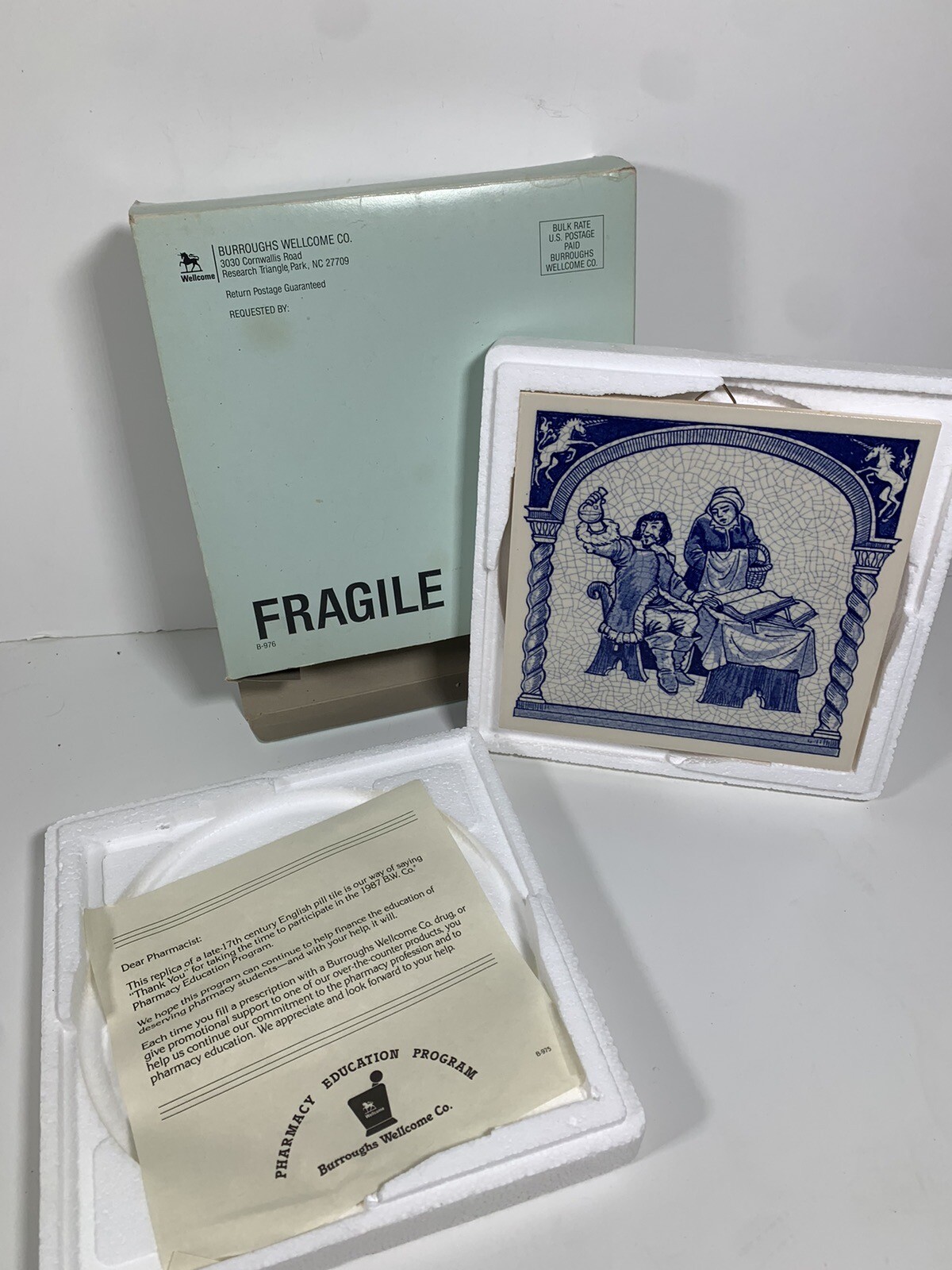 BURROUGHS WELLCOME Pharmacy Pill Tile The Herbalist DELFT Tile Orig Packaging