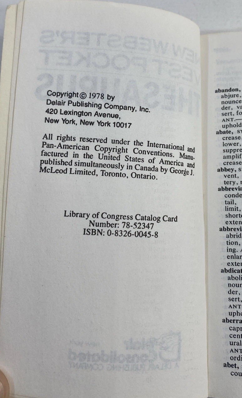 Vintage 1978 Ascriptin Aspirin (Rorer) Promo – Webster’s Vest Pocket Thesaurus