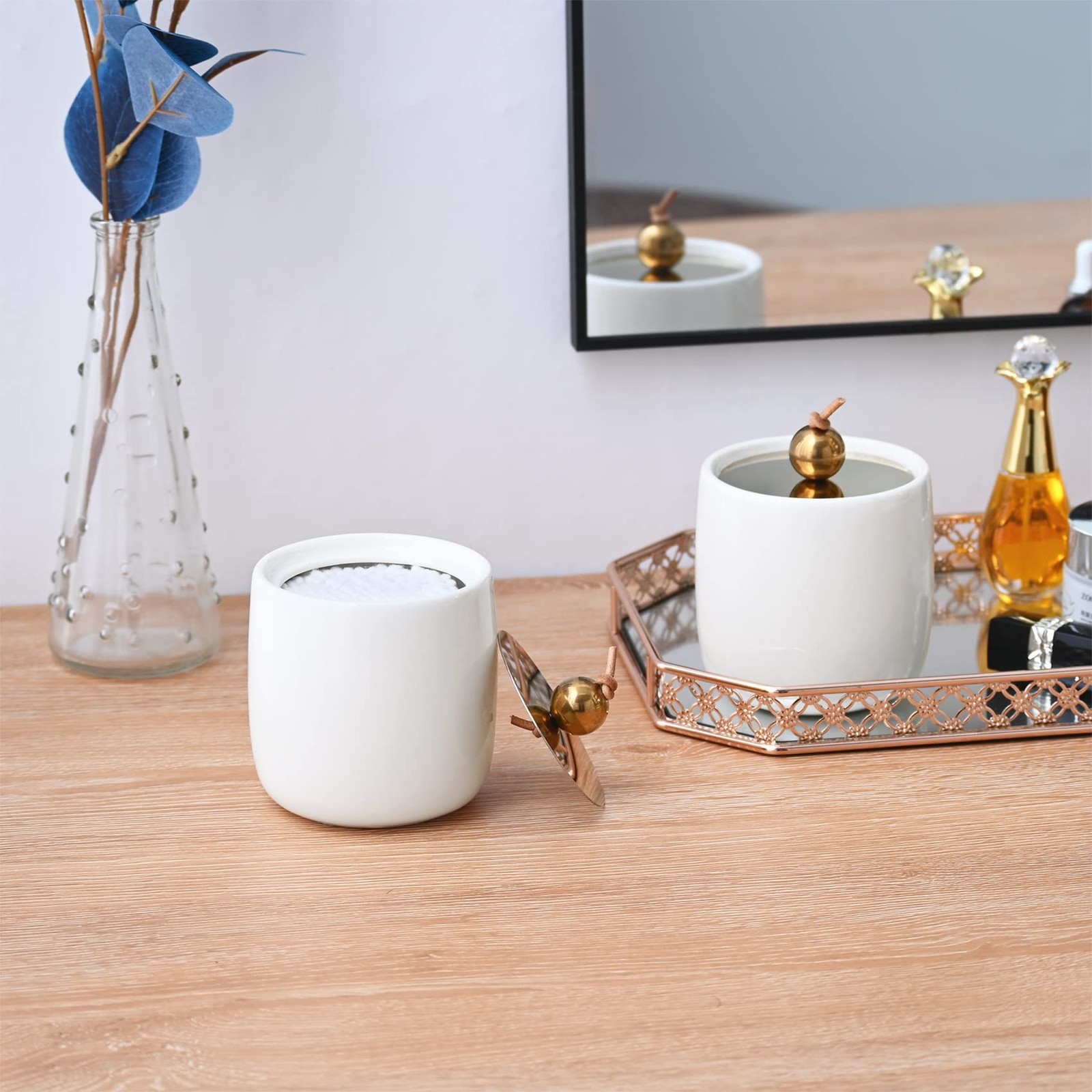 2 Pack Ceramic Qtip Holder Dispenser with Gold Lids, White Apothecary Jars Ba…