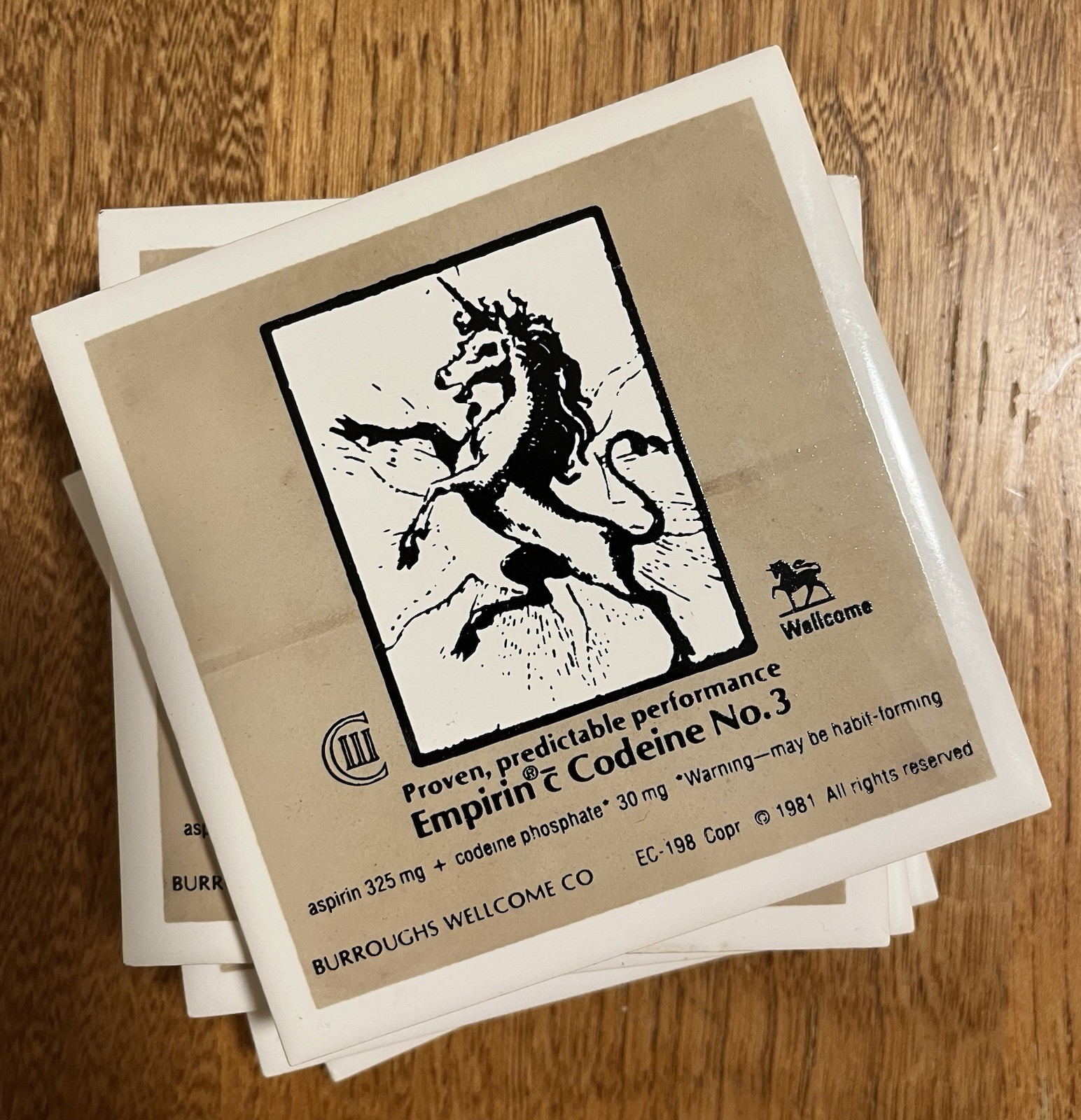 Vintage Empirin c Codeine No. 3 Burroughs Wellcome Co 1981 Coasters Qty 5