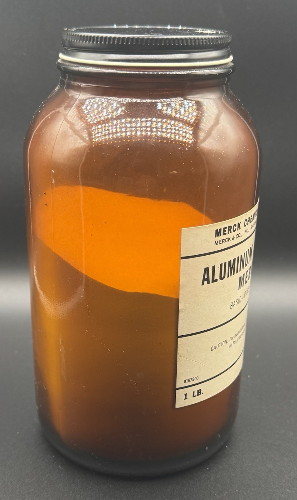 Rare Vtg MERCK Aluminum Acetate Apothecary Medic Amber Glass 7.5”Bottle 1/2 Full