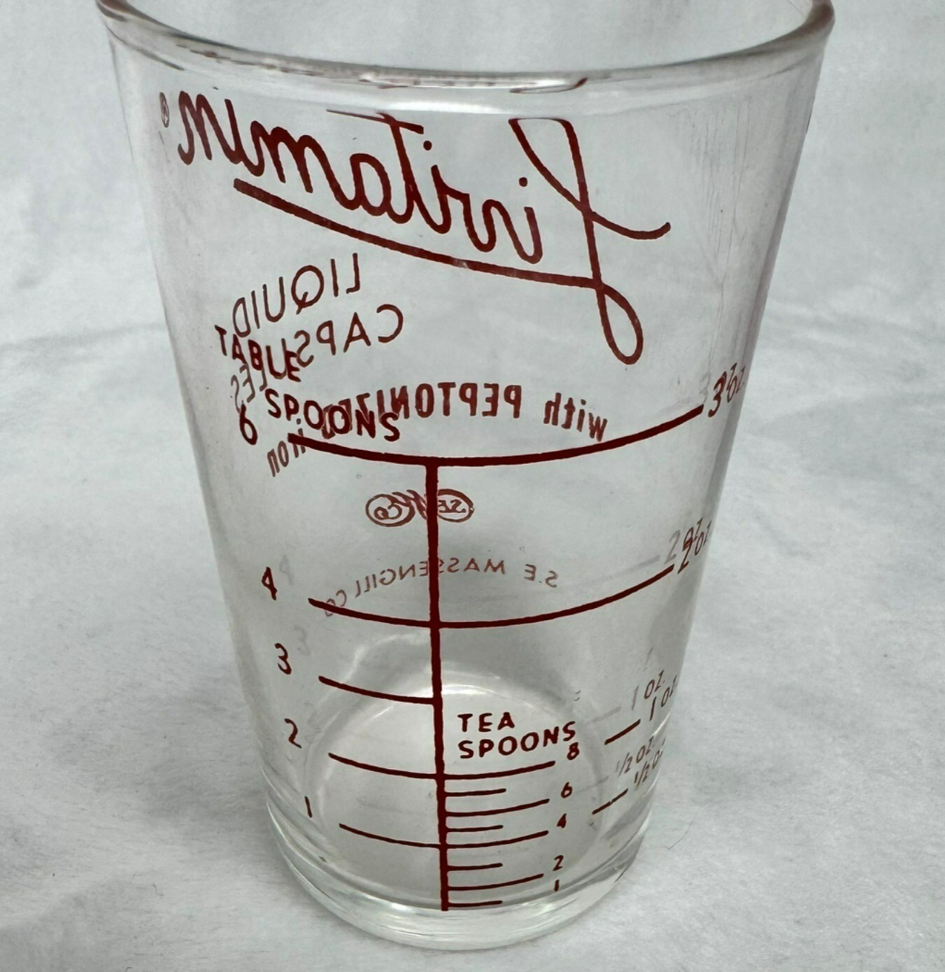 Vintage Massengill Co. Livitamin Liquid Capsules Measuring Glass 3 Oz Clear Red