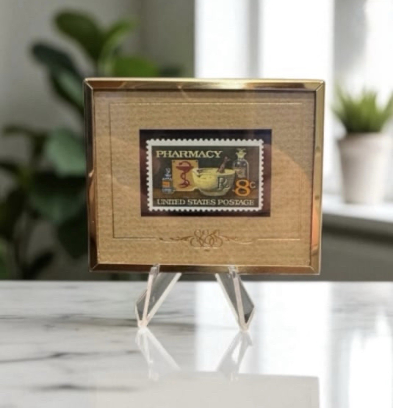 Framed Pharmacy Stamp United States Postage Stamp 8c with Stand