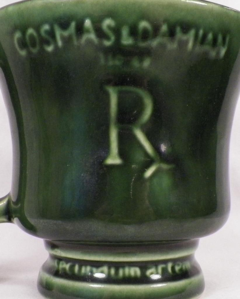 McCoy Cosmas & Damien Mug Mortar & Pestle Green Pottery Advertising Schering
