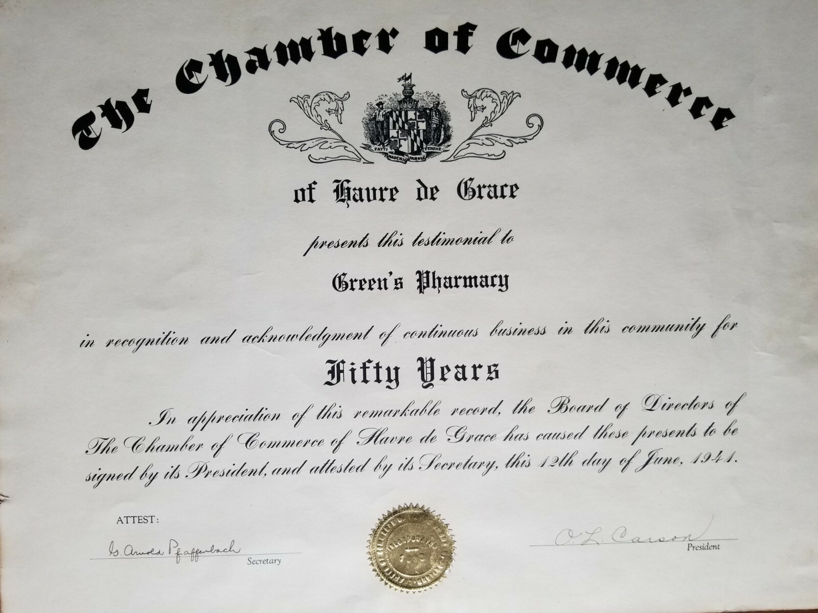 1941 GREEN’S PHARMACY Havre De Grace Maryland Chamber of Commerce 50 Year Award