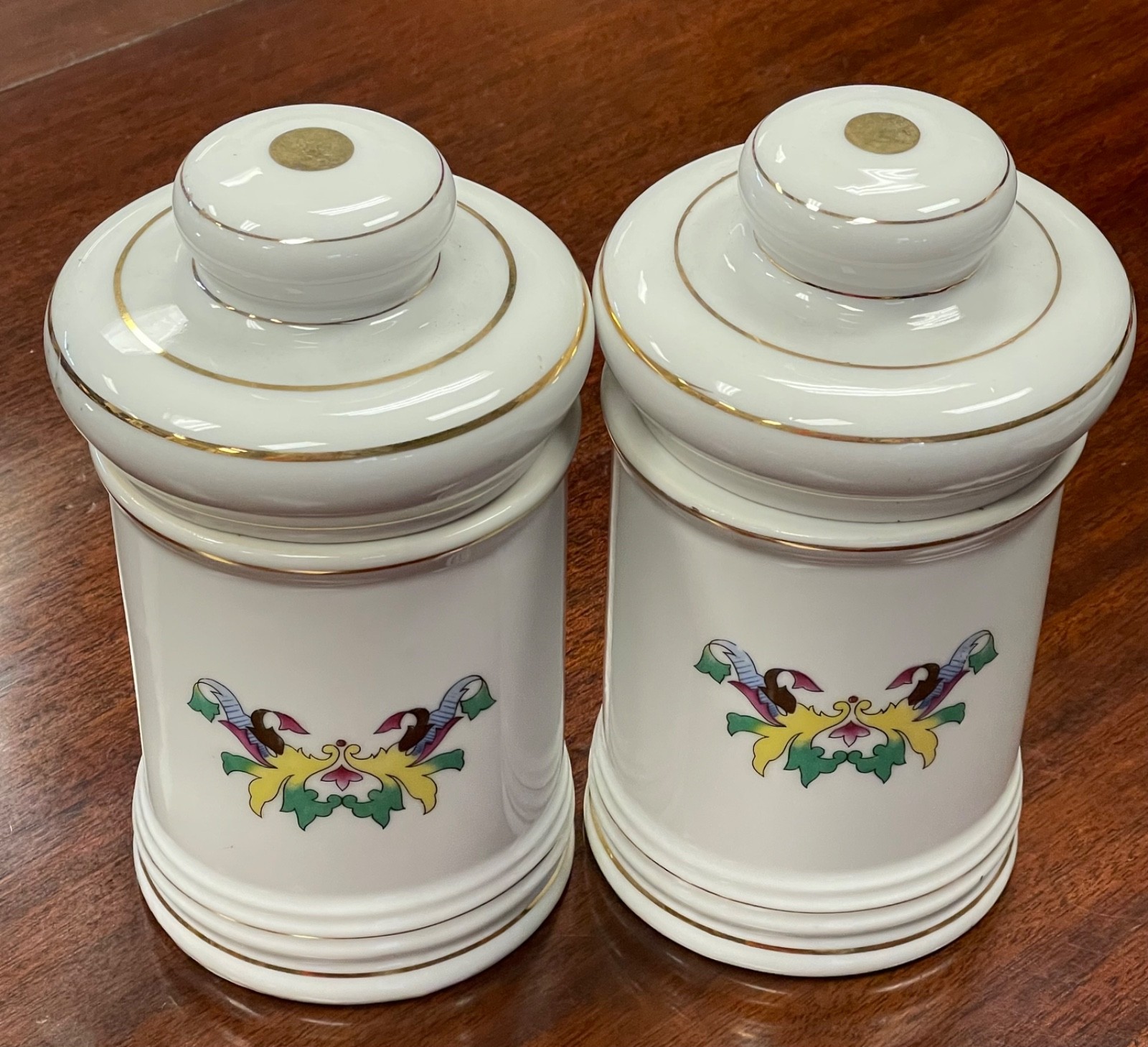 Pair Vintage Porcelain Apothecary Jar Latin Pulvis & Salsus Gold Rim DOM Japan