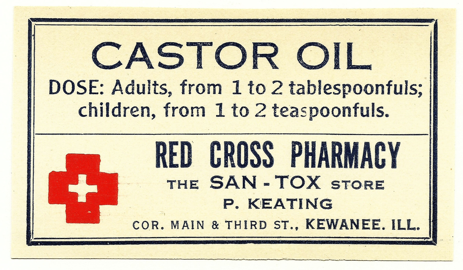Antique Pharmacy Label CASTOR OIL Red Cross Pharmacy San – Tox Store Kewanee IL