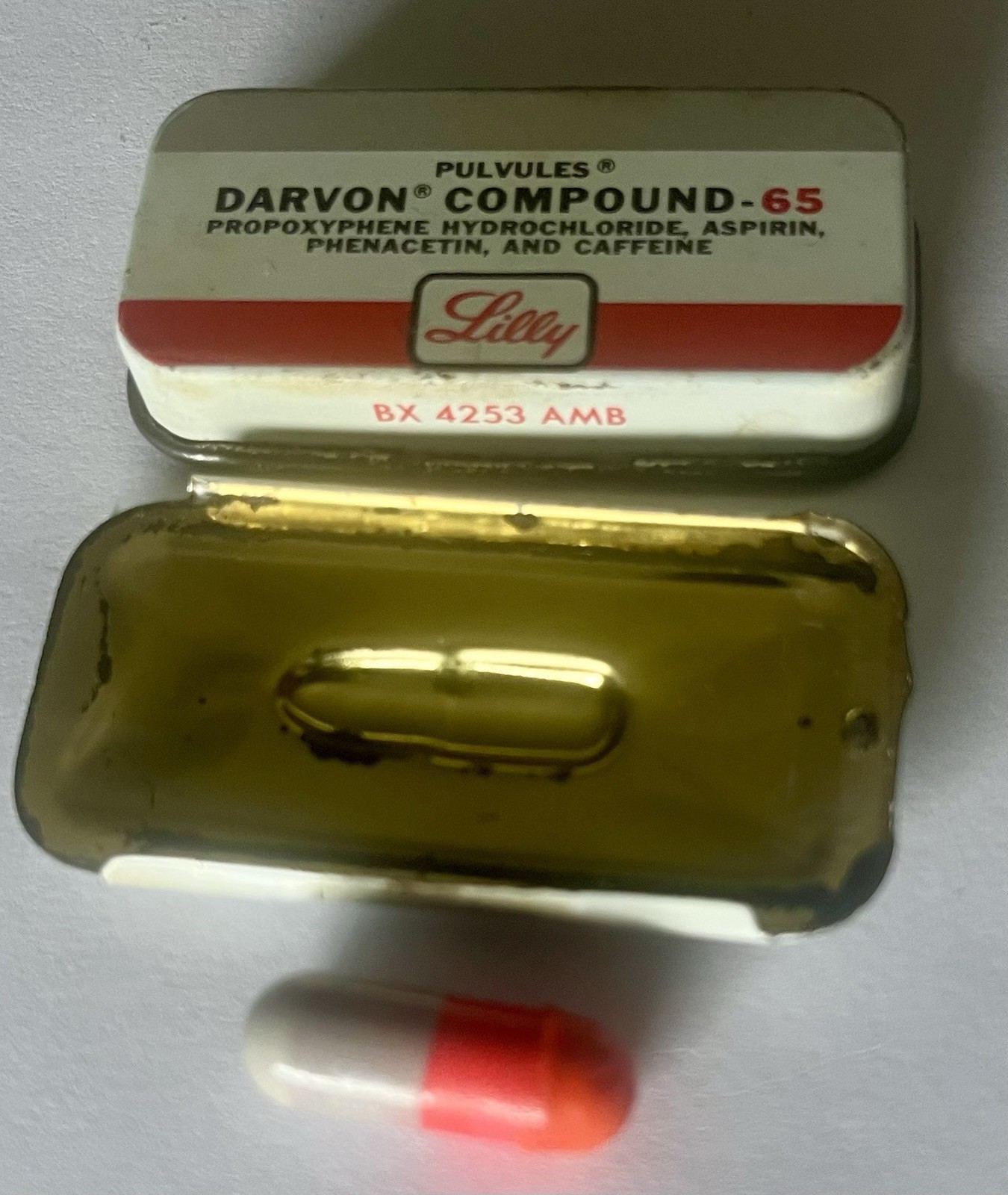 Lilly Pharmaceutical Darvon-65 Compound Pulvule Sample Tin with 1 Pulvule Inside