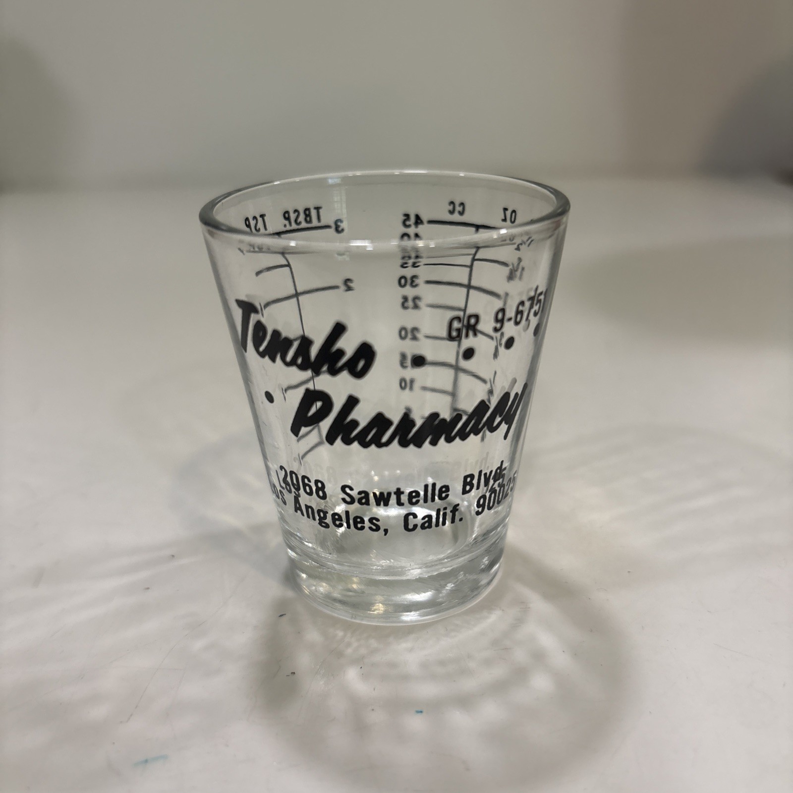 1960’s Advertising Medicine Dose Glass Cup Tensko PHARMACY Los Angeles Calif