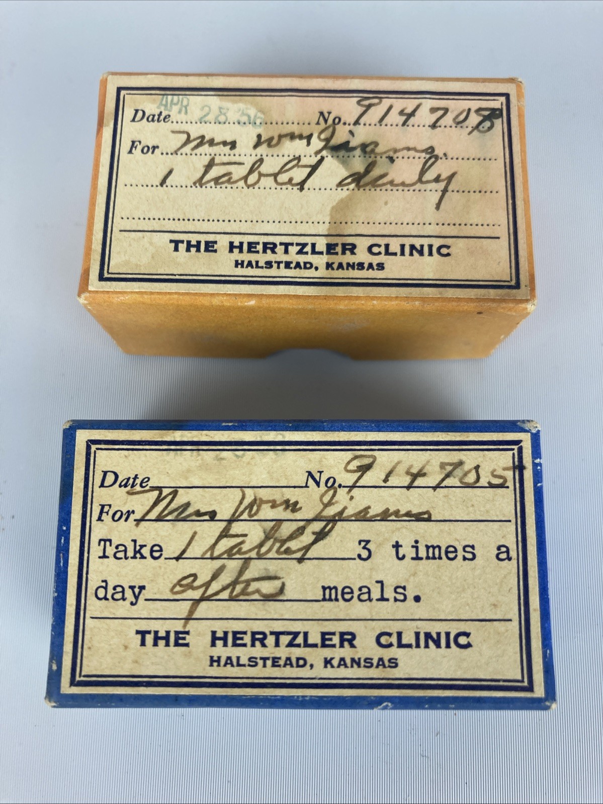 2 x Vintage Hertzler Clinic Prescription Pill Box Cardboard Paper Rx Pharmacy