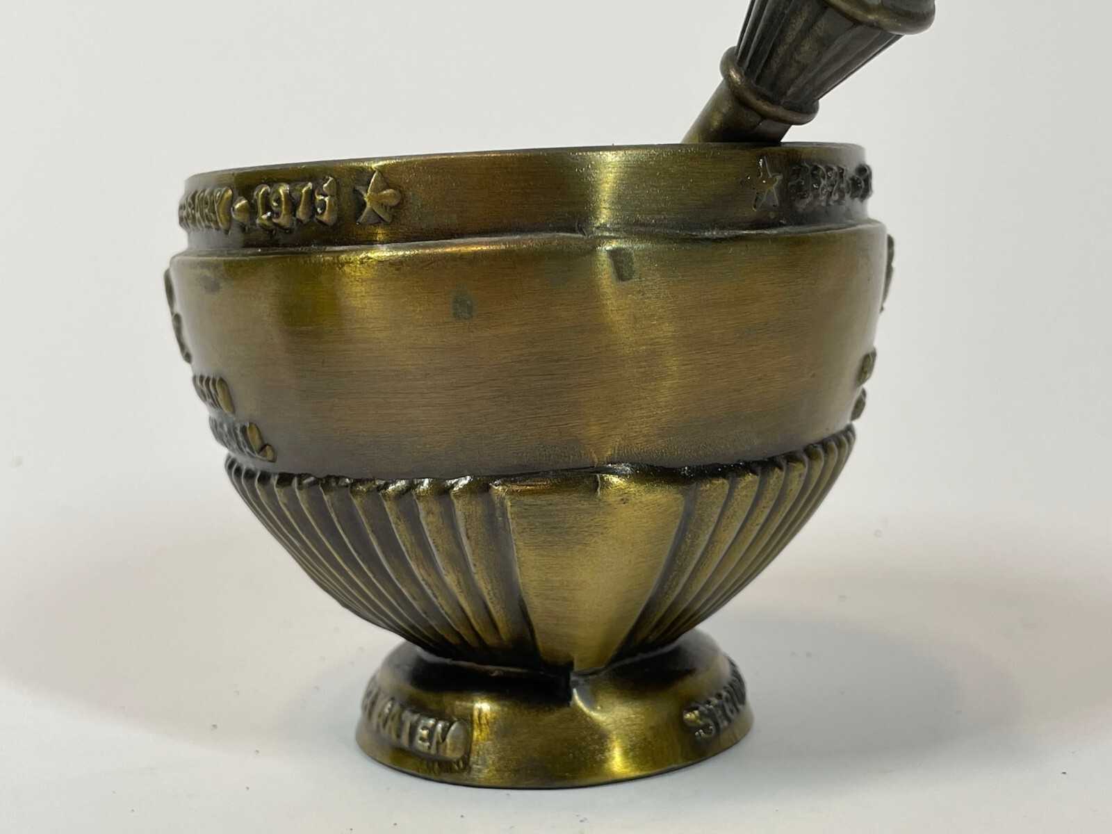 Vintage First American Pharmacy Journal Cast Brass Bronze Mortor & Pestle Set