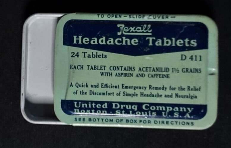 Old EMPTY Advertising Medicine Tin REXALL Headache Tablets United Drug Co Boston