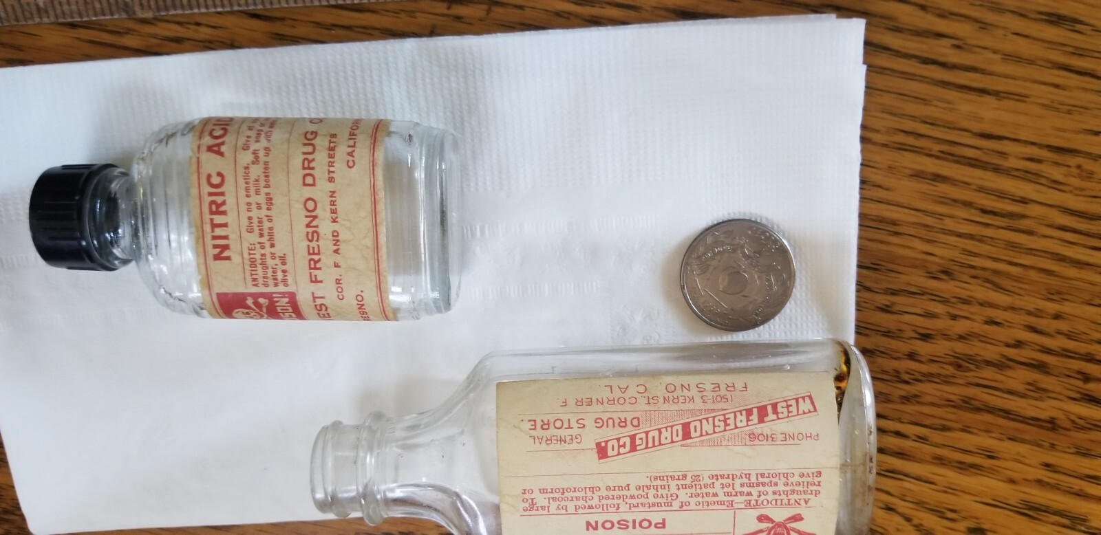 2 West Fresno Drug Company Poison Labels Bottoles Late 1940s Clovis Selma Calif