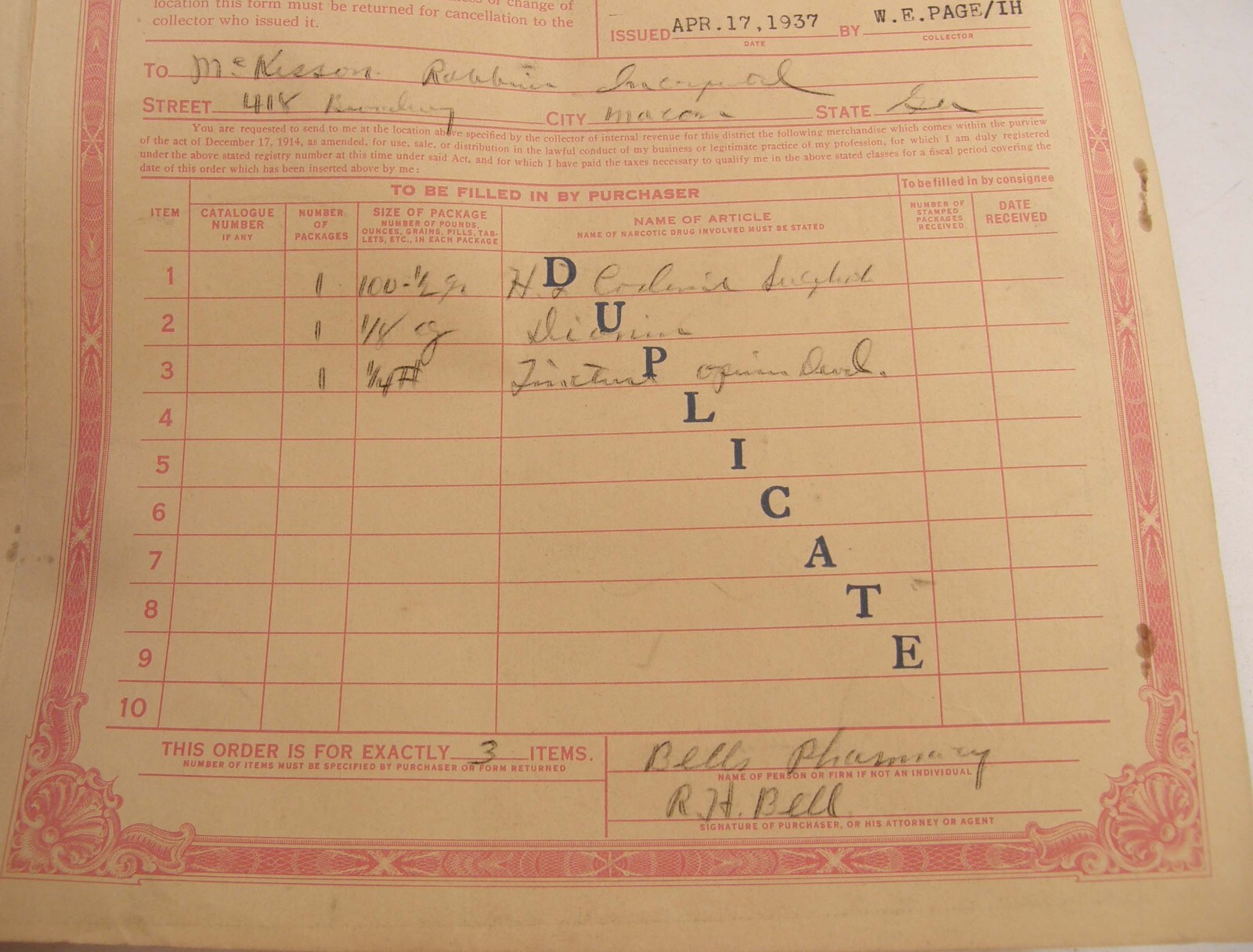 VINTAGE 1936 US TREASURY DEPT REVENUE FORM COCA LEAVES OR OPIUM MACON GEORGIA