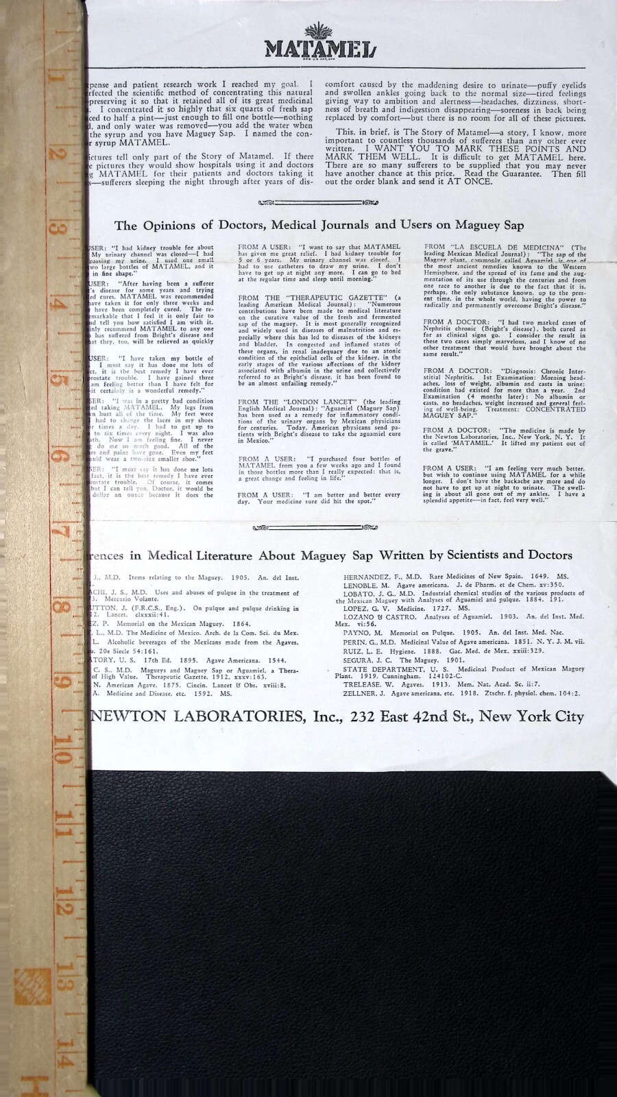 Vintage Matamel Maguey Sap Medical Brochure Newton Laboratories New York