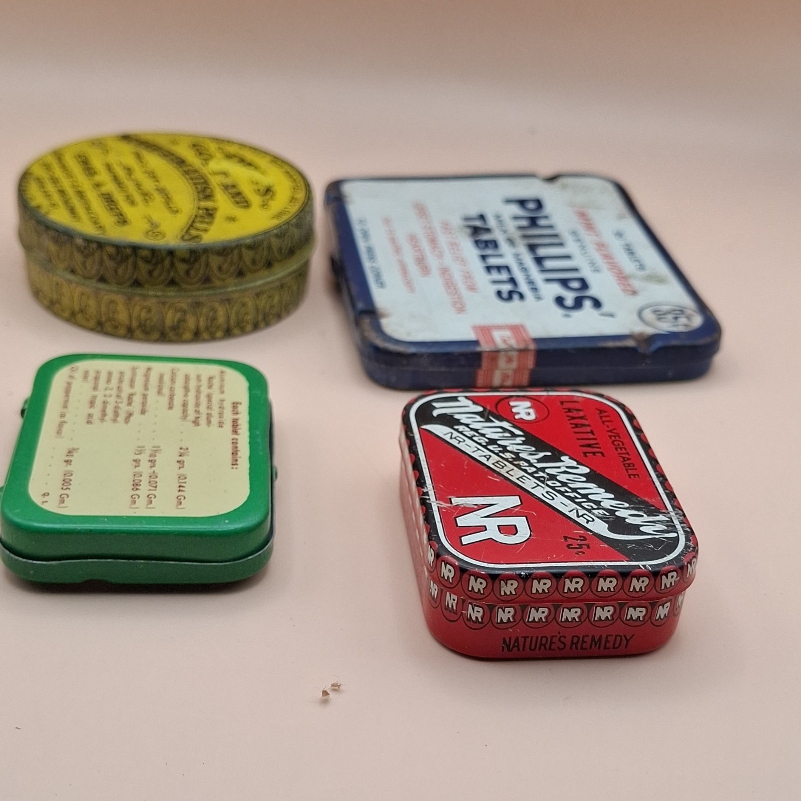 Pill tins lot 4 PHILLIPS Rheumatism gout SYNTROGEL w/pills antique vintage