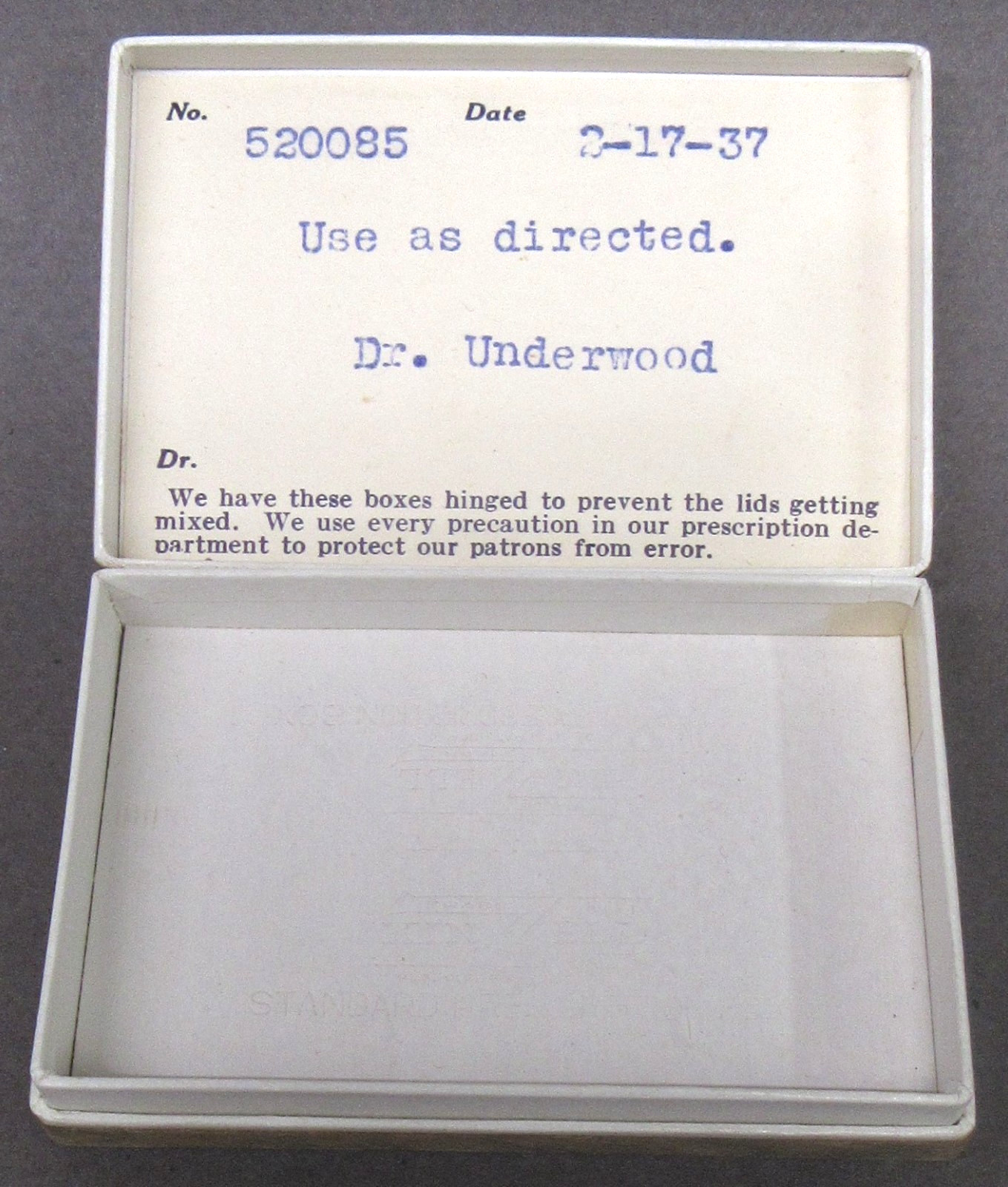 brown 1937 PRESCRIPTION BOX Kelley-Ross Inc Pharmacy Seattle Wash. DR. UNDERWOOD