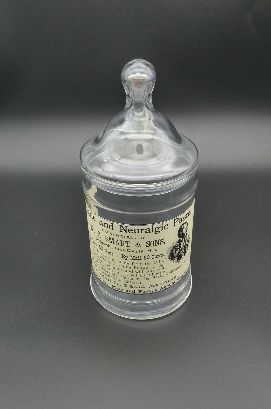 Vintage W.P. SMART & SONS Paste Medicine Glass Apothecary Jar Circus Tent Lid 8″