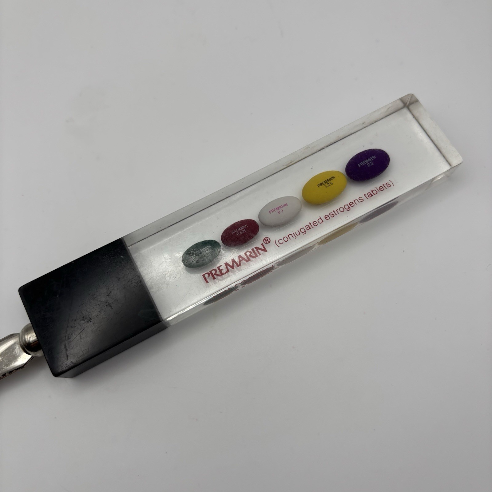 VTG Drug Rep Pharmaceutical Promo Letter Opener PREMARIN Lucite Encased Capsules