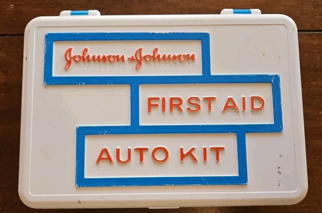 Vintage 1960s Johnson & Johnson First Aid Auto Kit Case w/ Supplies Plastic