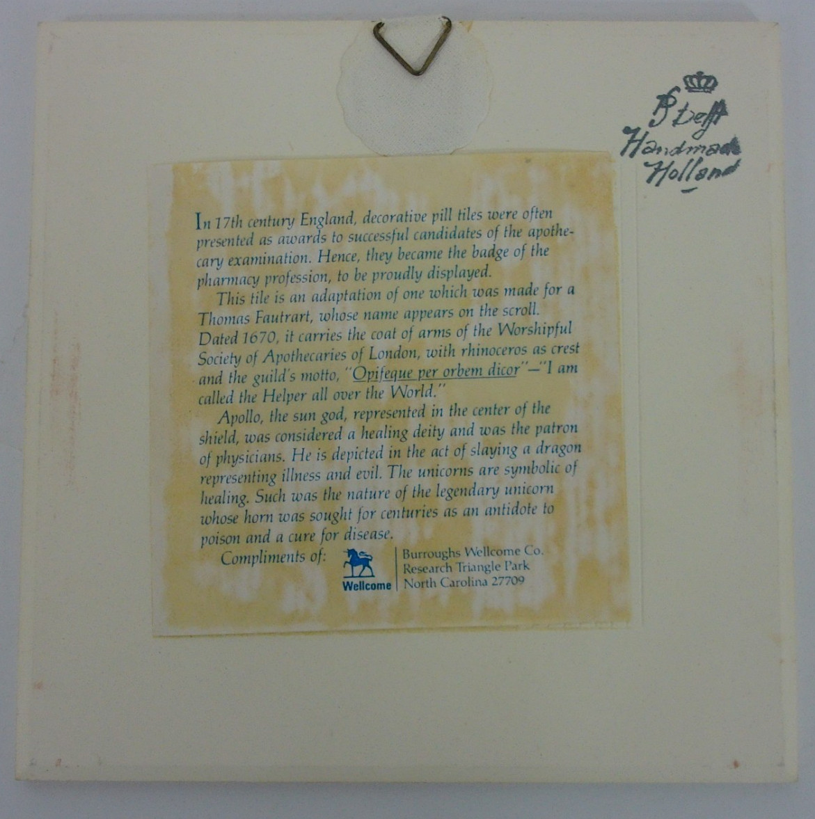 Burroughs Wellcome Co Delft Holland Pharmacy Pill Tile Thomas Favtrart #20